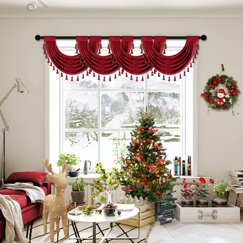 ELKCA Thick Chenille Waterfall Swag Valances for Living Room Burgundy Red Valance Curtains for Holiday,Pack of 1 (Burgundy Red,30" W x 22" L) - Image 3